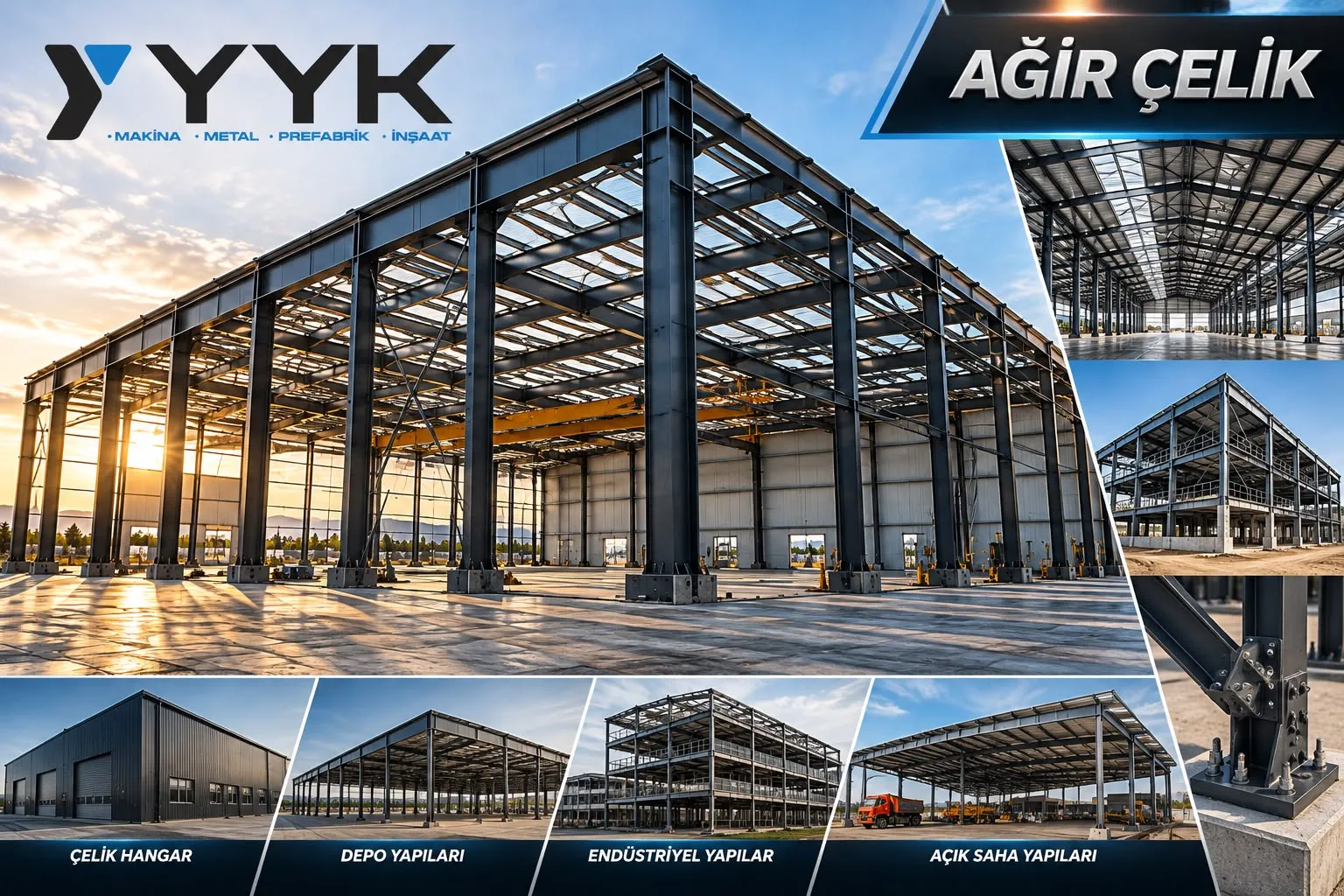 Kule vinç ile montajı süren endüstriyel çelik hangar iskeleti